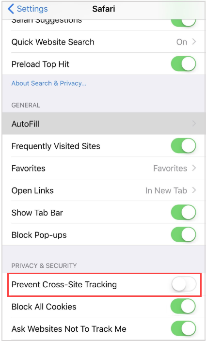 "Prevent Cross-Site Tracking" option should be deselected within Safari options.
